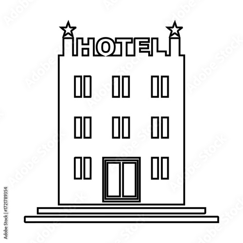 Outline Hotel Icon — Hospitality, Travel, Accommodation, Resort, Tourism, Guest House, Business Stay Symbol, Black Line Vector Illustration