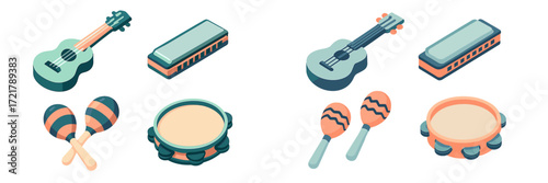 Colorful musical instruments displayed on a white background showcasing a variety of shapes and types for creative expression