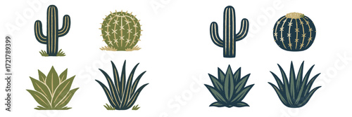 Cacti collection featuring different types of desert plants in a simple design for decor and illustration