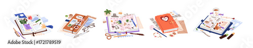 Set of cute decorated personal diaries. Notebooks with stickers, calendar for planning. Note books, organizers with stationery, pens, pencils. Flat isolated vector illustrations on white background.