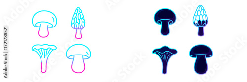 Different types of mushrooms displayed in vibrant colors on a clean white background