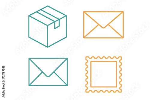 Delivery symbols showing box, envelope, and stamp design for postal and shipping services