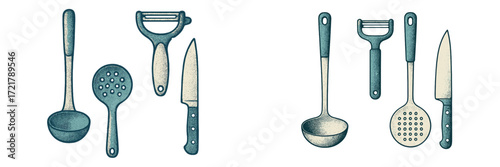 Essential kitchen utensils collection with ladle, knife, peeler, and skimmer in a simple design for cooking enthusiasts