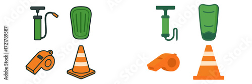 Colorful set of traffic cones, whistles, and safety gear for roadwork and construction activities in a playful design style