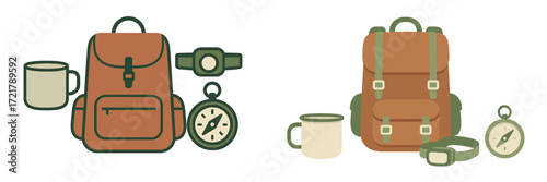 Backpacks with camping gear and mugs for outdoor adventures and exploration