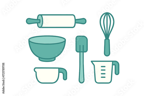 Tools for baking displayed on a white background including a rolling pin, whisk, mixing bowl, and measuring cups