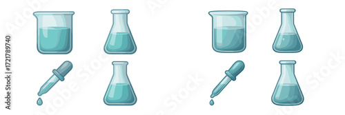 Different lab glassware including beakers and droppers filled with light blue liquid displayed on a simple background