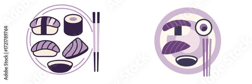 Sushi platter with different types of sushi served alongside chopsticks on a minimalist design background