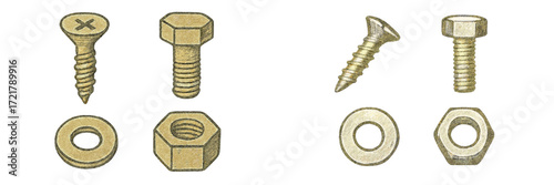 Detailed view of various types of screws, bolts, and nuts for hardware use in construction and repair projects