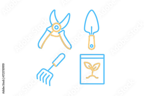 Gardening tools in pastel colors for planting and nurturing plants during spring season