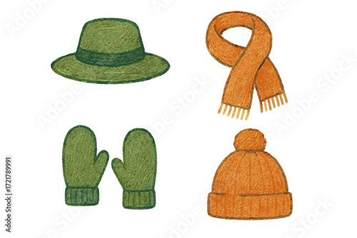 Warm winter accessories including a green hat, orange scarf, green mittens, and a brown beanie on a white background