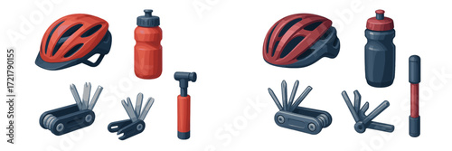 Bicycle safety gear and tools for cyclists preparing for a ride on a sunny afternoon