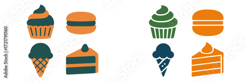 Sweet dessert icons featuring cupcakes, macarons, ice cream cones, and cake slices in playful design