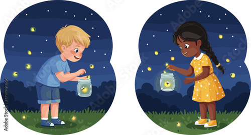 Happy children catching fireflies at night, boy and girl outdoor summer activity, glowing jar, stars, nature, childhood fun, evening illustration