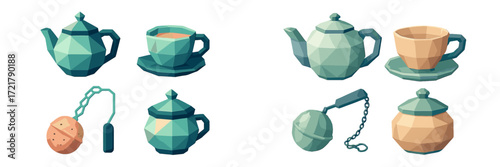 Colorful geometric tea set with teapots, teacups, and tea infuser in a minimalist style on a white background