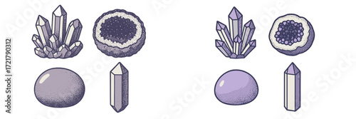 Collection of various crystals and gemstones showcasing different shapes and colors on a simple background
