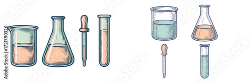 Science equipment for laboratory experiments with beakers and pipettes on a clean surface