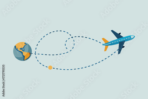 Creative illustration showing a plane traveling around the world on a blue background
