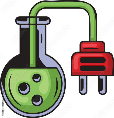 A laboratory flask filled with green liquid connected to an electrical plug