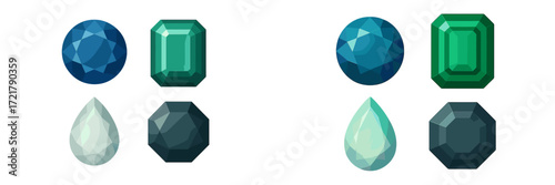 Colorful collection of geometric gems in various shapes and shades displayed on a clean background