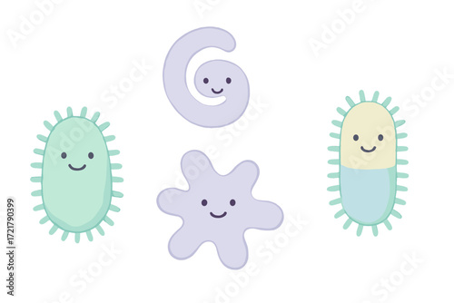 Cute and colorful plush microbes for children's education and playtime activities featuring smiling faces