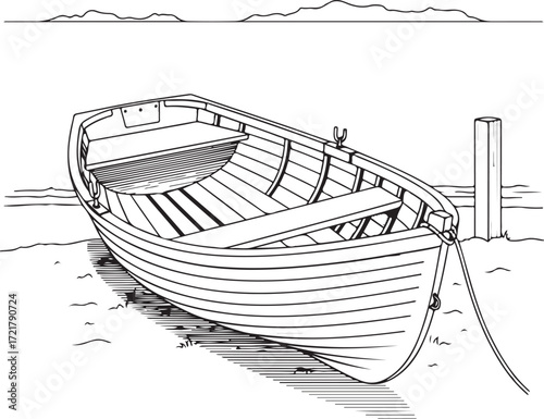 Rowboat Tied to Post on Sandy Shoreline with Hills in Background watercraft vessel