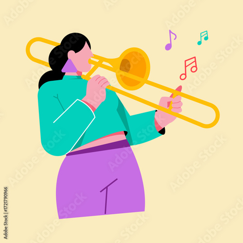 A woman musician playing trombone with musical notes around.