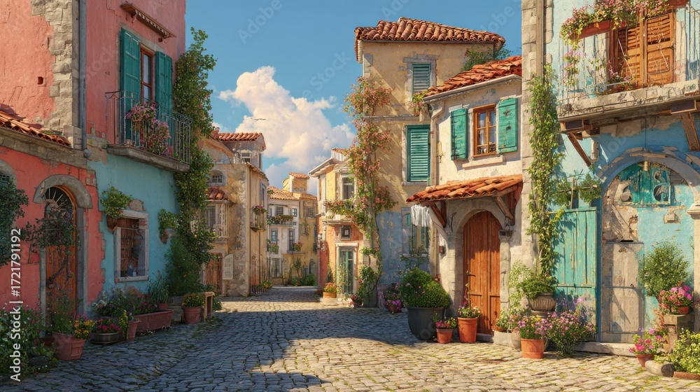 Fototapeta premium Colorful Mediterranean street with traditional stone houses, shutters, cobblestone road, flowers in pots, peaceful village scene, travel photography, warm summer day, rustic charm
