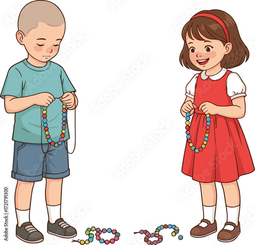 Happy children making bead necklaces, creative kids activity, boy and girl crafting jewelry, colorful beads, fun learning, preschool art project, cartoon illustration