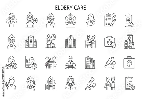 Collection of hand drawn line art icons representing various aspects of elderly care and senior living services for healthcare and support
