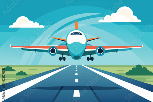 Airplane landing on runway surrounded by blue sky and clouds in a vibrant illustration