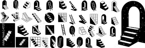 Minimalist surreal staircases in monochrome. Abstract geometric ladders and outlined stairway designs form a flat vector illustration set. Collection of unique minimal stairs elements