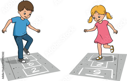 Happy children playing hopscotch game, boy and girl outdoor activity, kids jumping, childhood fun, playground illustration, exercise, learning, summer recreation