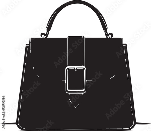 Black handbag illustration with top handle, front flap, large rectangular buckle, and visible stitching for fashion design