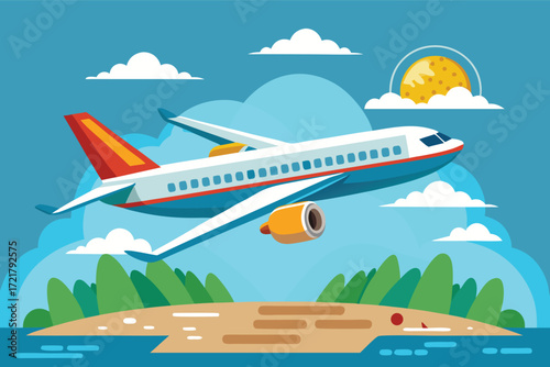 Airplane flying over a scenic tropical beach on a sunny day with clouds in the background