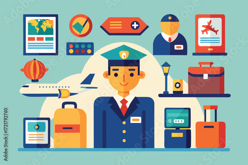 Airline staff member surrounded by travel-related items in a colorful illustration of airport operations