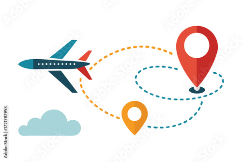 Travel planning with airplane and map markers showcasing different destinations