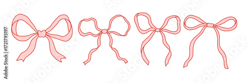 Set of hand drawn ribbon bows in coquette style. Cute feminine decorative elements for digital design, scrapbooking, planners, invitations, packaging, and social media. Isolated on white vector art