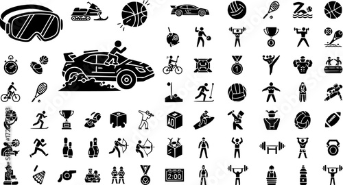 set of 100 glyph sport web icons. filled icons such as sport goggles,snowmobile sport,kickball,rallycross,training,bodybuilding,karate,rafting. vector illustration