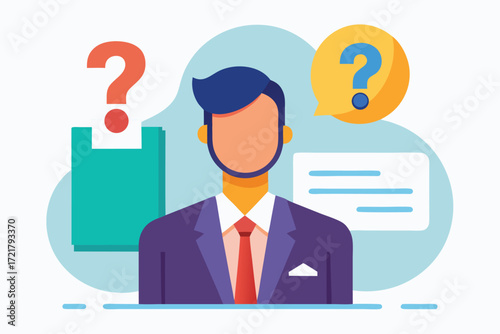 Businessman seeking answers in modern office setting with question marks and documents