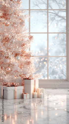 Elegant Christmas Tree with Gifts and Candles in Cozy Interior