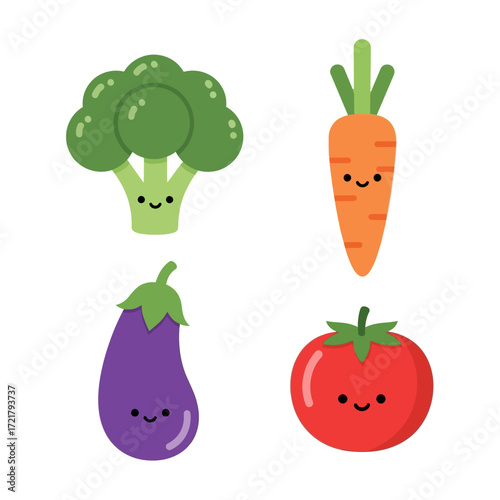 Cute Veggie Friends Broccoli, Carrot, Eggplant, Tomato Illustration