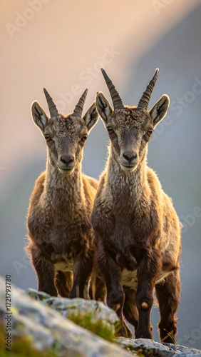 Two ibex face the camera on a rocky outcrop