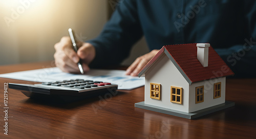 Real estate investment planning with calculator and model house