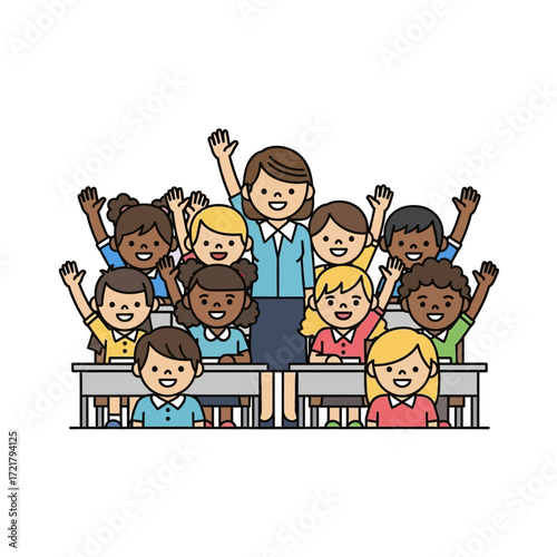 Happy Diverse Classroom Teacher and Students Learning Together