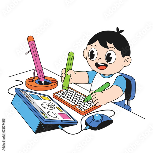 Happy Boy Drawing on Tablet and Keyboard Digital Art for Kids