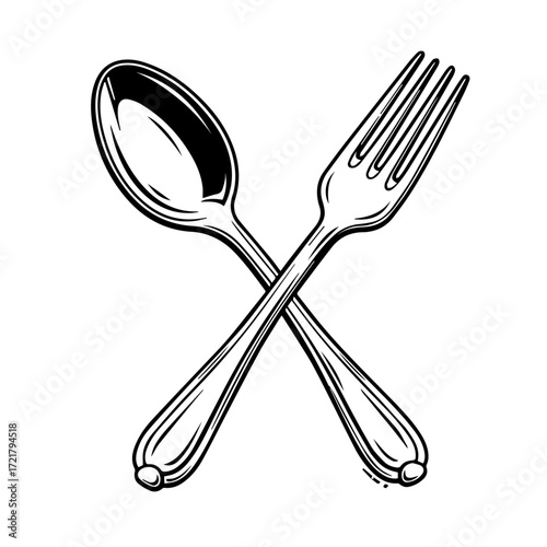 Vintage illustration of a crossed spoon and fork. Classic cutlery emblem for a restaurant menu, cafe logo, or dining concept