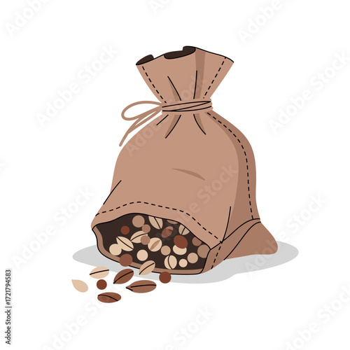 A burlap sack overflowing with a mix of roasted nuts and grains