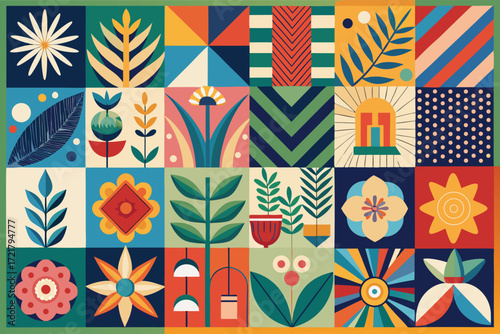 Colorful geometric patterns with floral and leafy designs in a vibrant collage