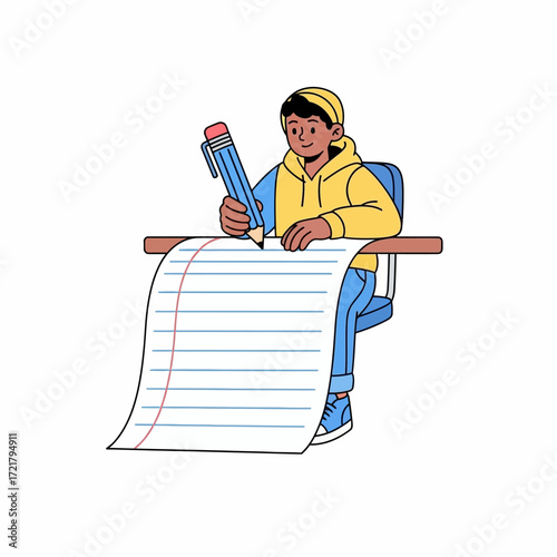 Young Man Writing on a Long Sheet of Paper, Creative Writing Concept